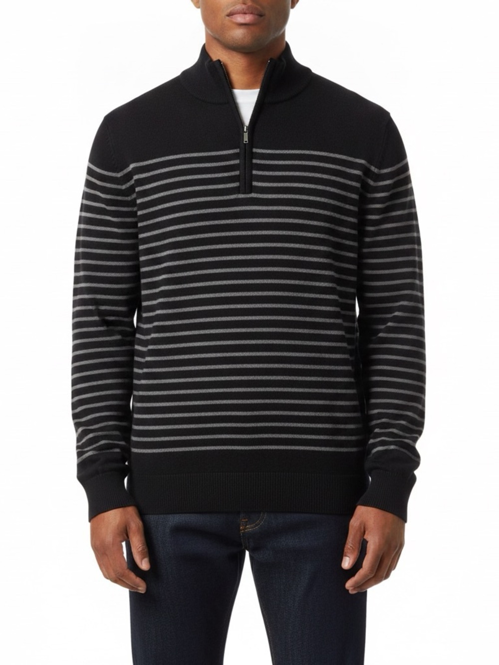 Men's Lands End Black and Gray Cotton & Cashmere Striped Quarter-Zip Sweater L